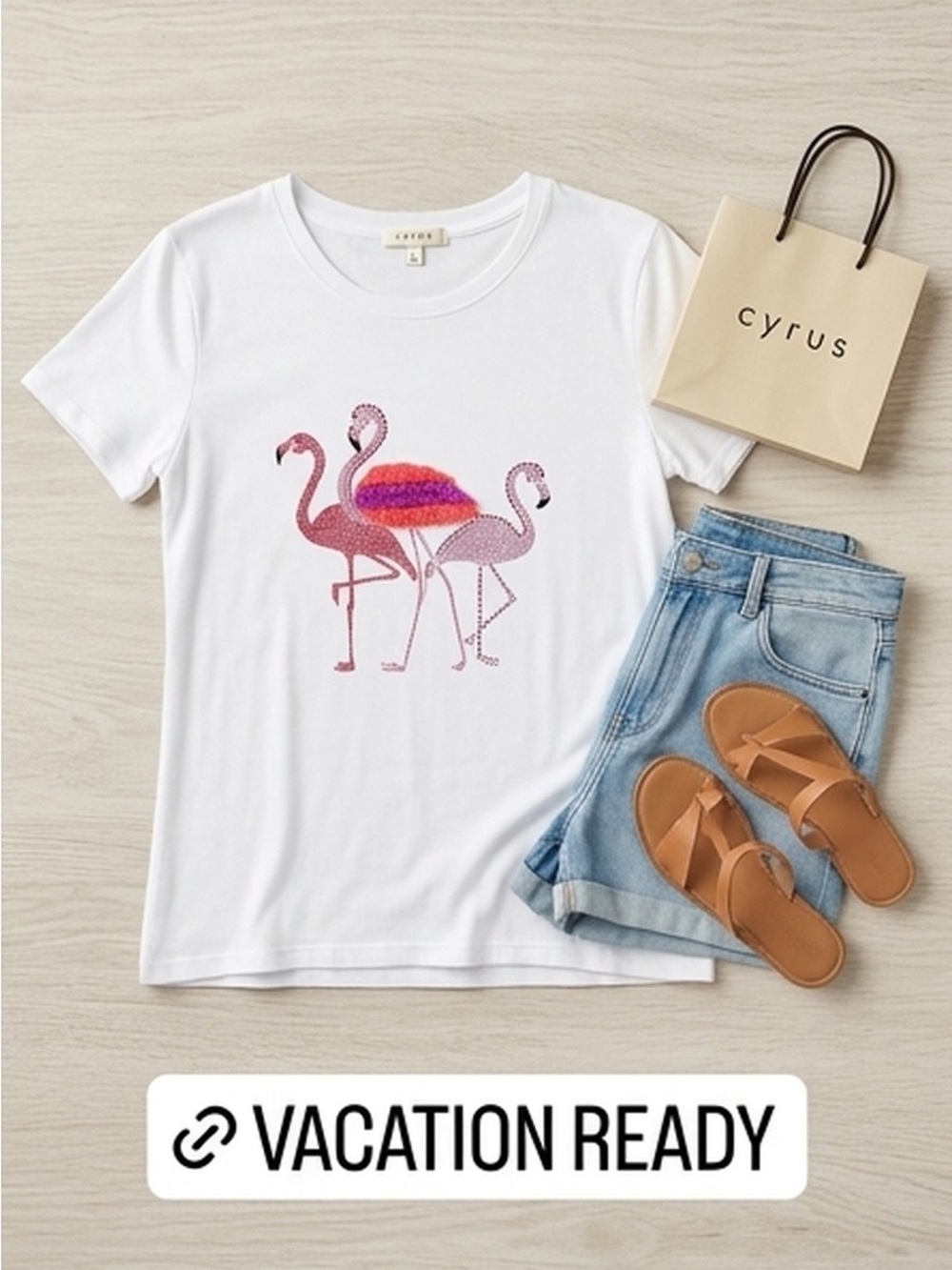 Cyrus Women’s Summer White Tee with Pink Flamingo Trio Graphic